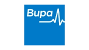 Bupa logo featuring the word Bupa in white text with a white heartbeat line on a blue square background.