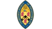 An oval-shaped crest with a yellow and white background, three pink lions, black crossed objects, and Chartered Society of Physiotherapy written round the edge.