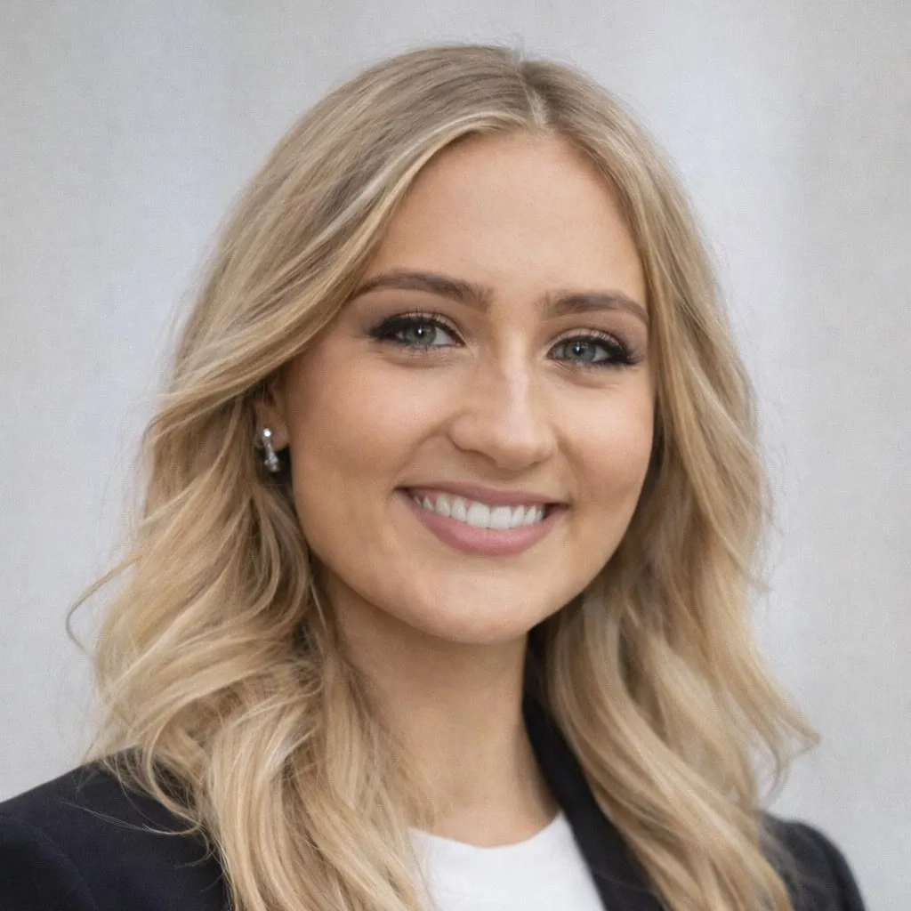 A woman with long, wavy blonde hair and light eyes, wearing a black blazer and white top, smiles at the camera against a plain light background.