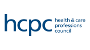 HCPC logo with the text health & care professions council in blue on a light background.