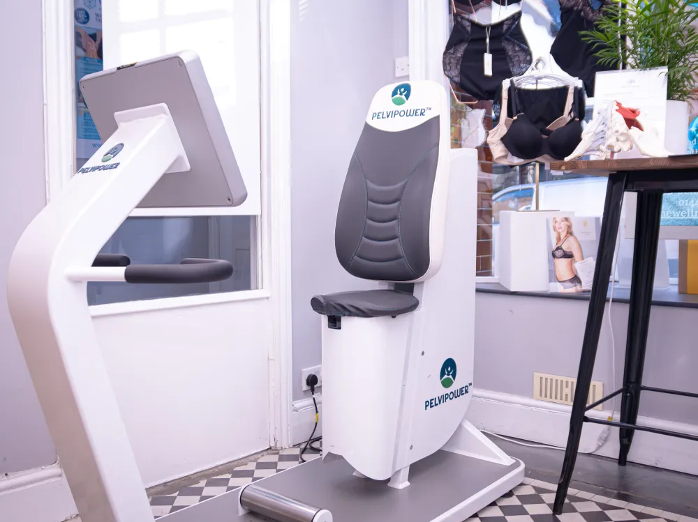 A pelvic floor exercise machine labelled PELVIPOWER sits in a clinic room next to a display of bras, anatomical models, and informational materials.