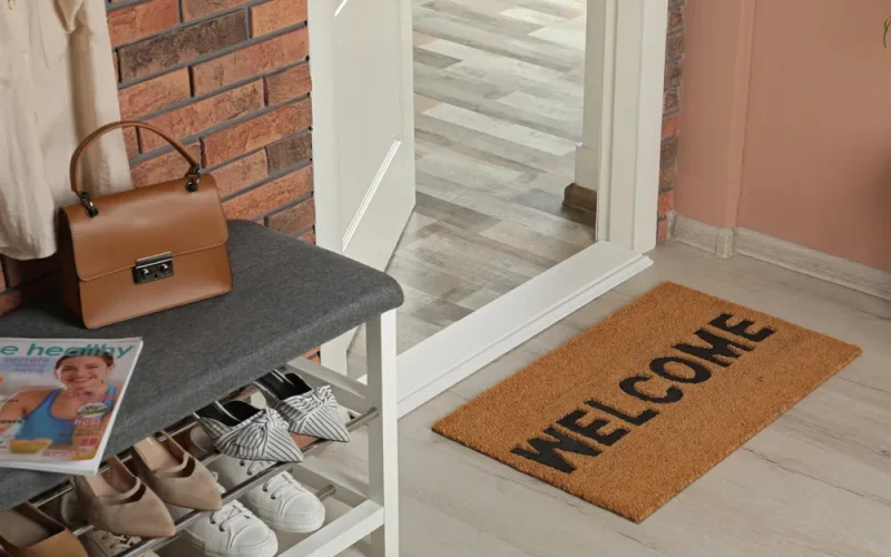 A brown welcome mat sits by an open door in a hallway with a shoe rack, a handbag, and a magazine on a bench.